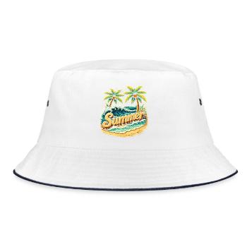 Palm Trees Beach Waves Illustration - Bucket Hat - white/navy - Front