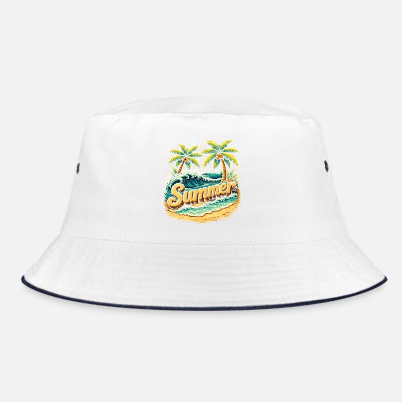Palm Trees Beach Waves Illustration Bucket Hat