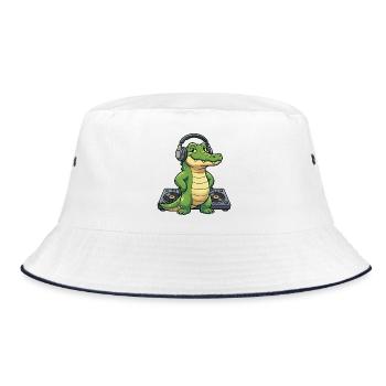 Kroko DJ mit Kopfhörern - Bucket Hat - Weiß/Navy - Vorne