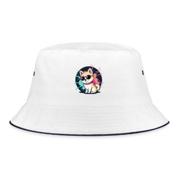 Kawaii Welpen-Sonne und Brille - Bucket Hat - Weiß/Navy - Vorne