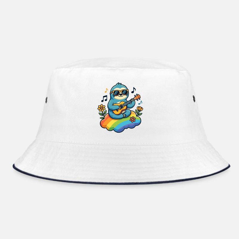Faultier mit Gitarre auf Regenbogenwolke Hippie Bucket Hat