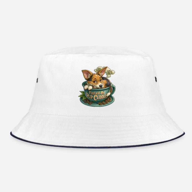 Welpe kuschelt in Kaffeetasse Bucket Hat