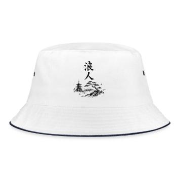 Ronin in Ink Style – Japanese Landscape - Bucket Hat - white/navy - Front