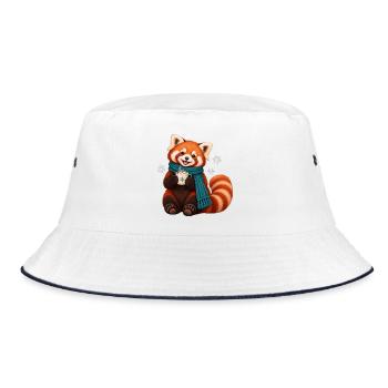 Winterroter Panda mit heißer Schokolade - Bucket Hat - Weiß/Navy - Vorne