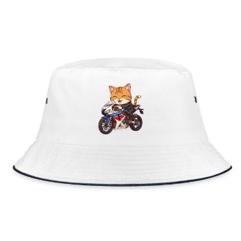 Katze auf Bike auf Motorrad  - Bucket Hat - Weiß/Navy - Vorne