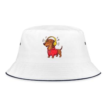 Dackel Musik Kopfhörer Hund Sound T-Shirt - Bucket Hat - Weiß/Navy - Vorne