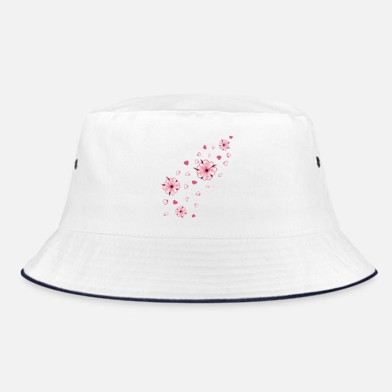 Flying Cherry Blossoms with Hearts Sakura Spring - Bucket Hat - white/navy