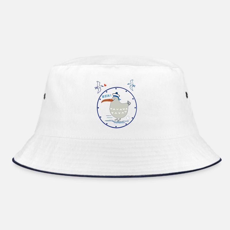 Moin, maritim, Möwe - Bucket Hat - Weiß/Navy