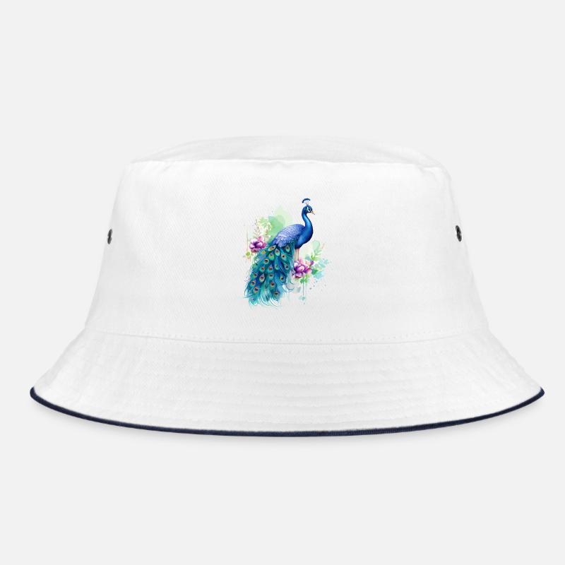 Pfau Pfauenfeder Exotisch Farbenfroh Bunt Kunst - Bucket Hat - Weiß/Navy