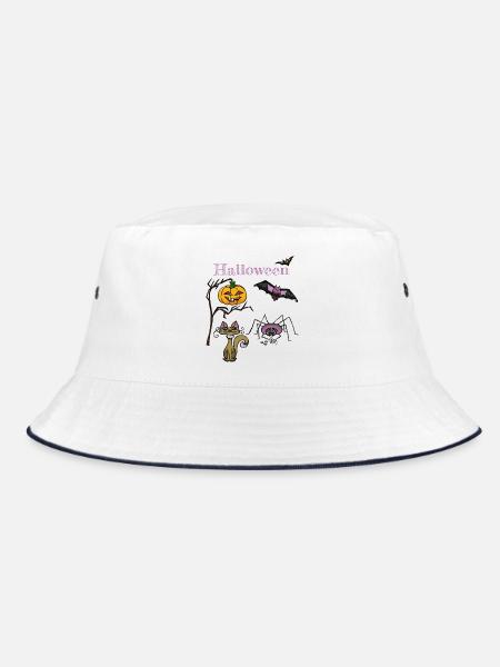 Halloween Kürbis und Fledermaus Design - Bucket Hat - Weiß/Navy - Vorne