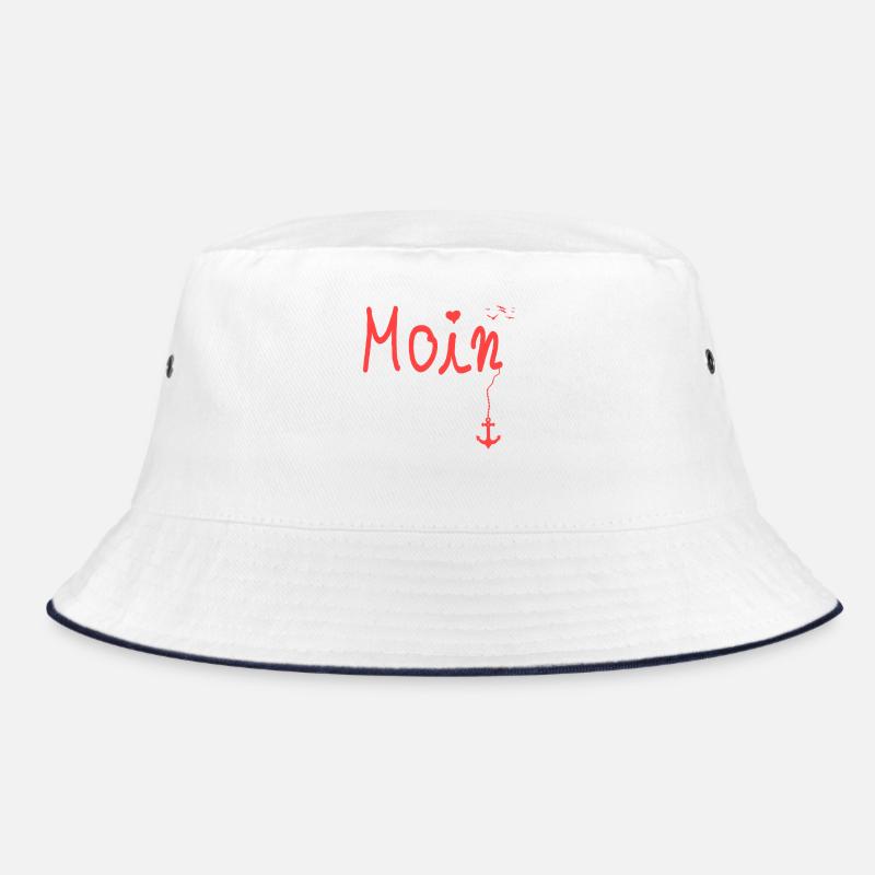 Moin Begruessung Moin mit Moewe in Rot - Bucket Hat - Weiß/Navy