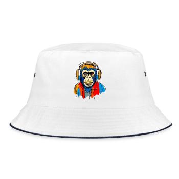 Affe mit Kopfhörern - Bucket Hat - Weiß/Navy - Vorne