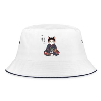 Anime Katze im Kimono – Zen Meditation Japan - Bucket Hat - Weiß/Navy - Vorne