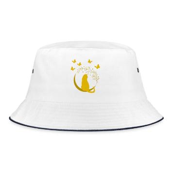 Goldene Mondkatze mit Blütenranke - Bucket Hat - Weiß/Navy - Vorne