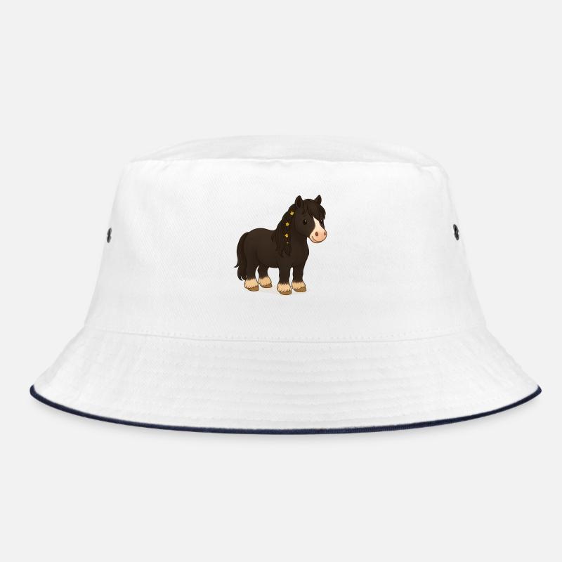 Schwarze Tinker Stute Katy mit Blumenbraid - Bucket Hat - Weiß/Navy