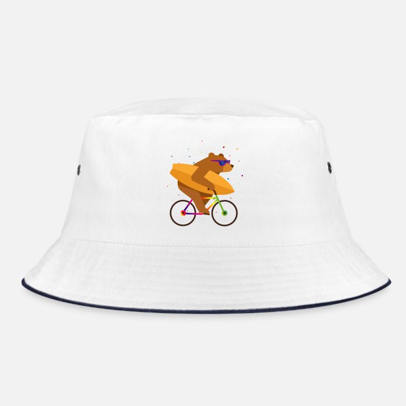 Bear on bicycle with surfboard and sunglasses Bucket Hat