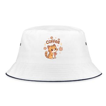 Niedliche Kaffeekatze und Blumen - Bucket Hat - Weiß/Navy - Vorne