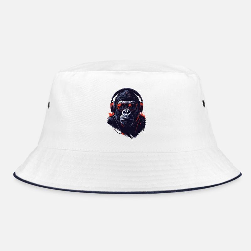 Gorilla mit Kopfhörern Cooles Motiv - Bucket Hat - Weiß/Navy