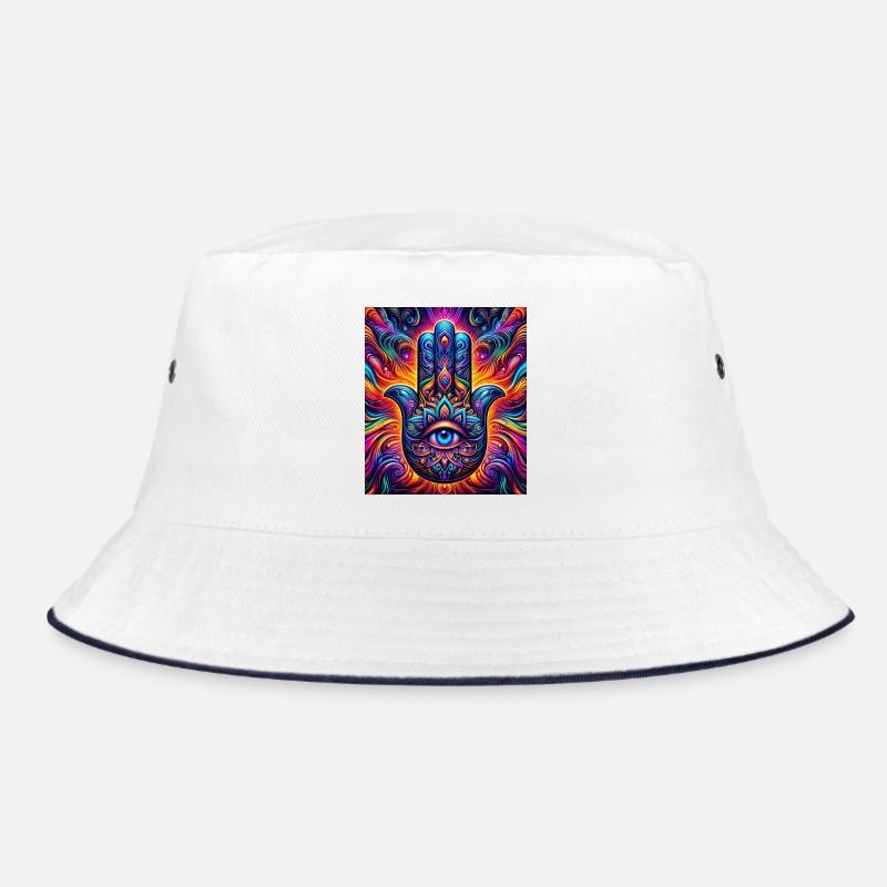 Psychedelische Hamsa Auge Hand Mandala - Bucket Hat - Weiß/Navy