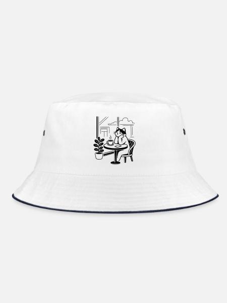 Nachdenkliche Katze Café - Bucket Hat - Weiß/Navy - Vorne