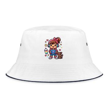 Aesthetic Gamer Girl with a surf tablet and a Pup - Bucket Hat - white/navy - Front