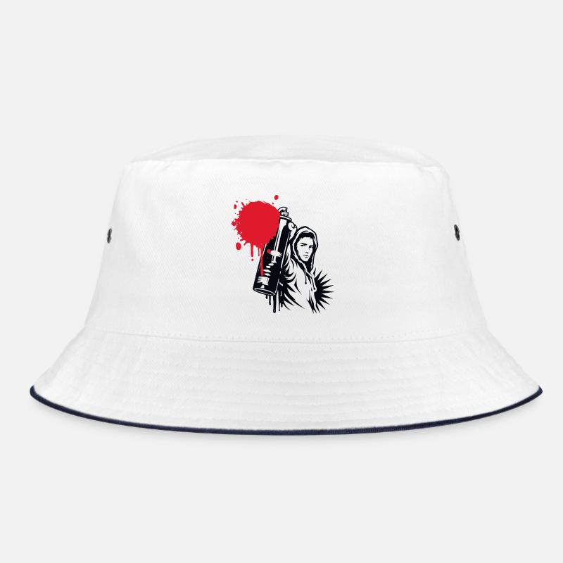 Graffiti Sprayer with Spray Can in Urban Style Bucket Hat