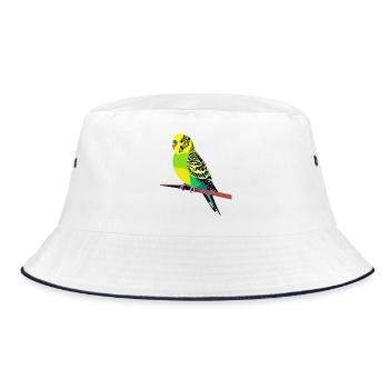 Colorful budgie on branch motif yellow green blue - Bucket Hat - white/navy - Front