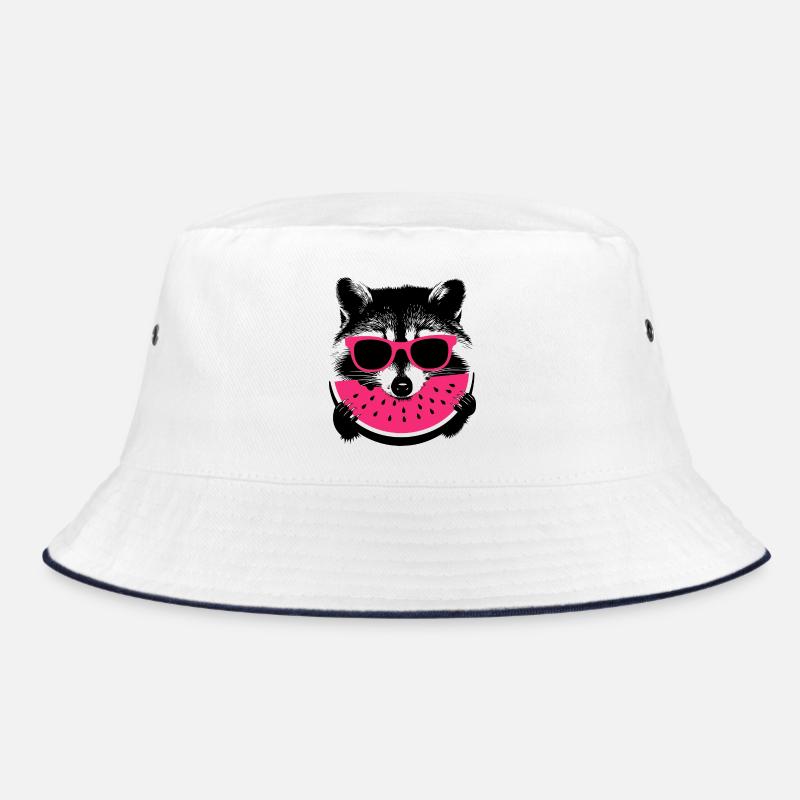 Waschbär mit pinker Sonnenbrille isst melone Bucket Hat