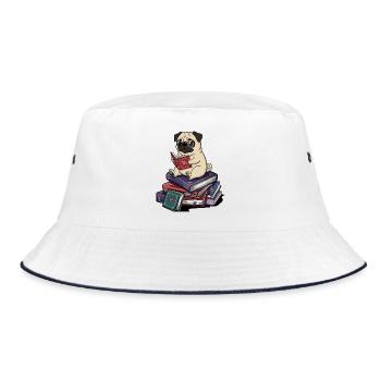 Bücherwurm-Mopshund liest Bücher Kunst - Bucket Hat - Weiß/Navy - Vorne