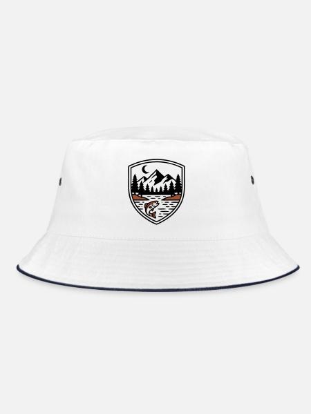 Mountains Forest Fish Shield Logo - Bucket Hat - white/navy - Front