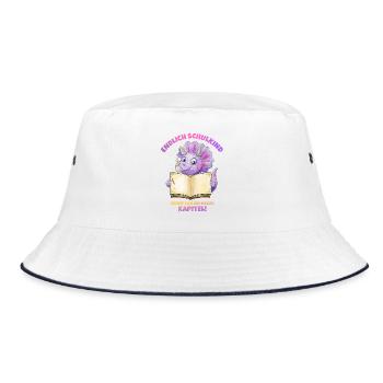 Endlich Schulkind Aquarell Dino mit Buch - lila - Bucket Hat - Weiß/Navy - Vorne