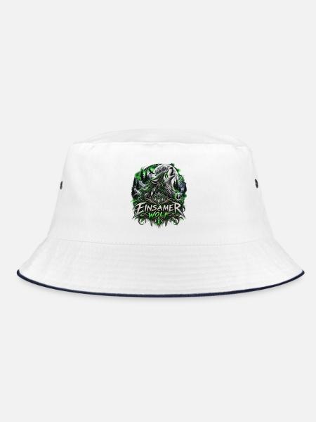 Einsamer Wolf im Grünen Mondlicht - Bucket Hat - Weiß/Navy