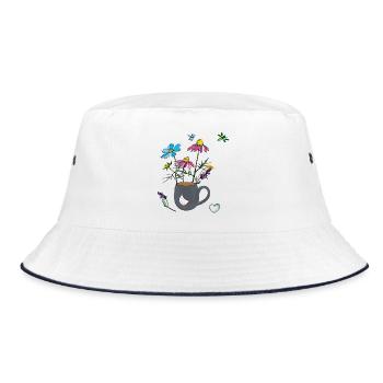 Blumen in einem Becher mit Huhn - Bucket Hat - Weiß/Navy - Vorne
