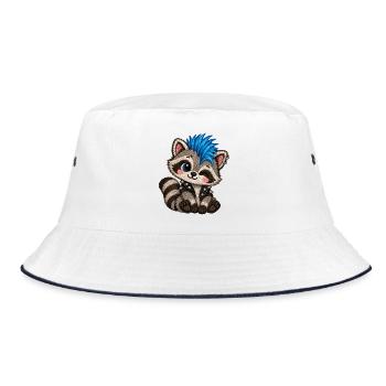 Punk Waschbär mit blauem Iro – Stickmotiv Optik - Bucket Hat - Weiß/Navy - Vorne