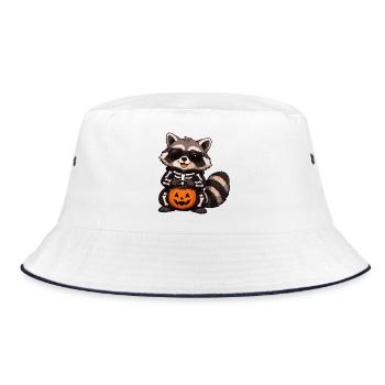 Skelett-Raccoon mit Kürbis - Bucket Hat - Weiß/Navy - Vorne