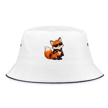 Fuchs mit Sonnenbrille und Kürbiscape - Bucket Hat - Weiß/Navy - Vorne