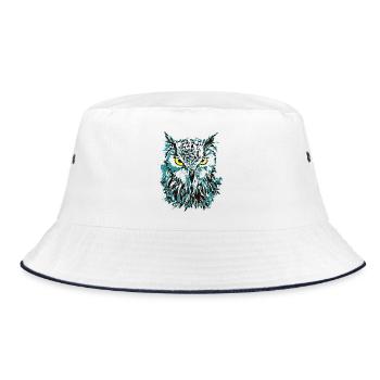 Eule Zeichnung - Blaue Eule mit leuchtenden Augen - Bucket Hat - Weiß/Navy - Vorne