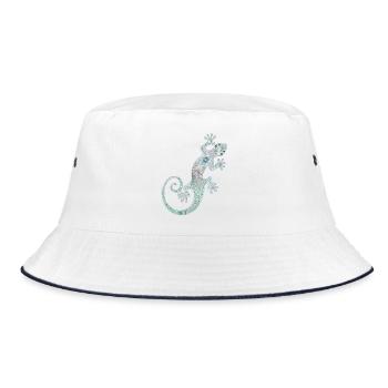 Kunstvoller Ethno Gecko aus Silber & Türkis Farben - Bucket Hat - Weiß/Navy - Vorne