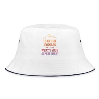 Ich kann 100 Meilen laufen. Was ist deine Superkraft? - Bucket Hat - Weiß/Navy - Vorne