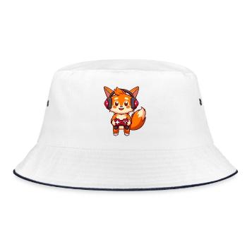 00237 roter Fuchs mit Kopfhörer und Controller - Bucket Hat - Weiß/Navy - Vorne