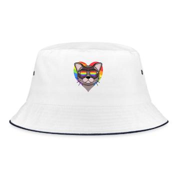 Regenbogen - Katze Burma-Katze mit Brille und Herz - Bucket Hat - Weiß/Navy - Vorne