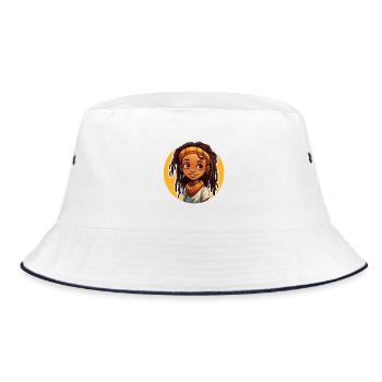 Lässiger Dreadlocks-Stil mit bunter Kopfbedeckung - Bucket Hat - Weiß/Navy - Vorne