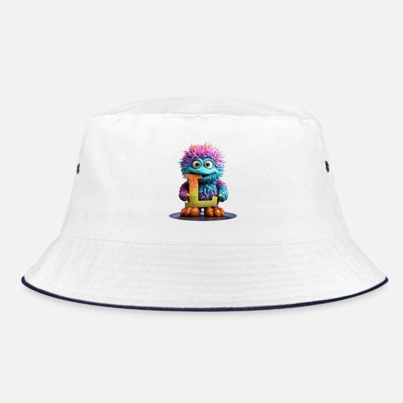 Regenbogenmonster mit Buchstabe L - Bucket Hat - Weiß/Navy