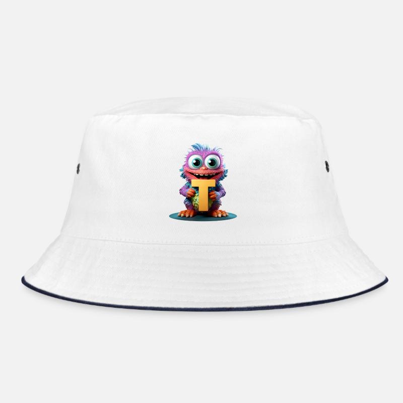 Buntes Monster mit Buchstabe T - Bucket Hat - Weiß/Navy