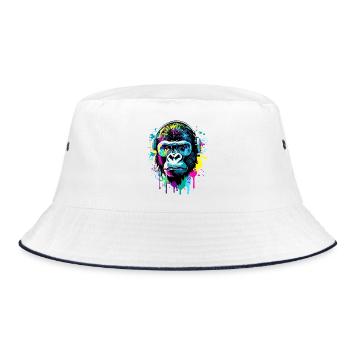 Gorilla Farbenfroh - Gorilla Affe mit Sonnenbrille - Bucket Hat - Weiß/Navy - Vorne