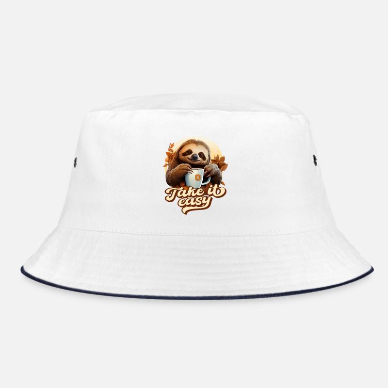 Süßes Faultier Trinkt Tee, Take It Easy, Spruch - Bucket Hat - Weiß/Navy