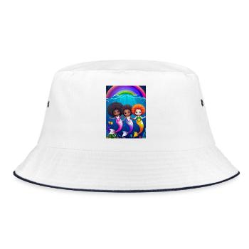 Bunte Meerjungfrauen mit Regenbogenhintergrund - Bucket Hat - Weiß/Navy - Vorne