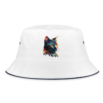 Bunte Katze - Bucket Hat - Weiß/Navy - Vorne