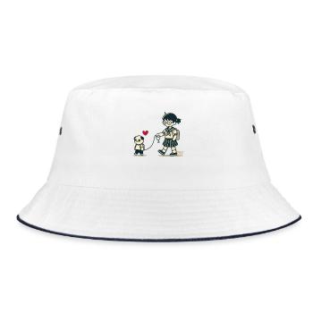 Japanischer Otaku spaziert mit Schulmädchen - Bucket Hat - Weiß/Navy - Vorne