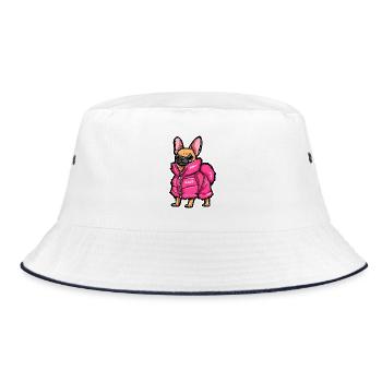 Chihuahua mit modischer pinker Jacke - Bucket Hat - Weiß/Navy - Vorne